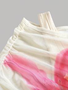 SHEIN Girlism 少女杏色针织花朵印花优雅露肩网纱二合一喇叭袖长袖连衣裙纯色连衣裙防晒下摆连衣裙秋冬内衣长裙舞会礼服毕业礼服 - 杏色 - 查看 3