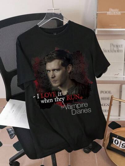 The Vampire Diaries X SHEIN Men's Casual Black Short Sleeve T-Shirt With English Letter & Figure Graphic, Comfortable For Summer