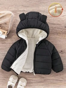 SHEIN 女婴加厚羽绒服，冬季新款加厚连帽拉链外套，带熊耳朵，休闲百搭户外秋季服装