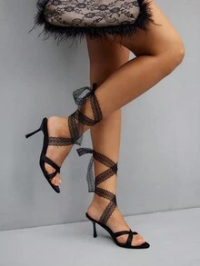 CUCCOO SZL Zapatos de mujer de tacón alto con punta afilada y cordones de satén negro de 8 cm - Negro - Ver 1