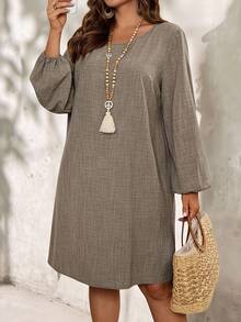 EMERY ROSE 秋季大码女式纯色圆领长袖休闲连衣裙 - 棕色 - 查看 1