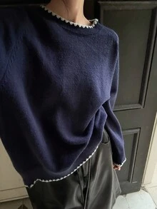 DAZY 女士宽松休闲贝壳刺绣毛衣，秋季 - 藏蓝色 - 查看 1