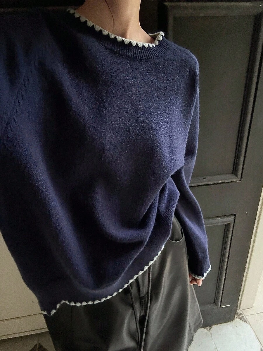 DAZY 女士宽松休闲贝壳刺绣毛衣,秋季 - 藏蓝色 - 查看 1
