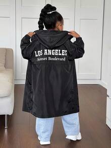 SHEIN Young Girl Solid Color Hooded Cinched Waist Long Casual Jacket,In Fall/Winter - Black - View 5