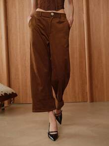 Almamuse Calça Casual Feminina com Botão de Metal e Abertura Frontal Perna Larga