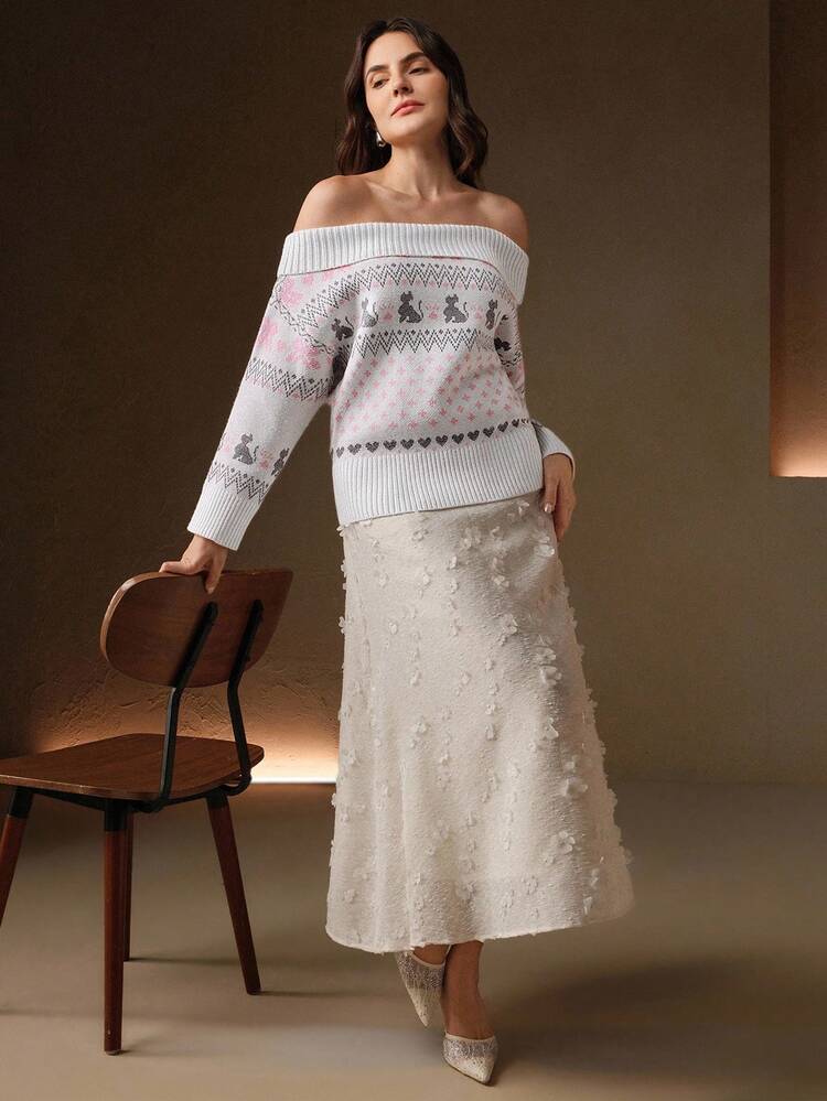New Stylish Off Shoulder Jacquard Long Sleeve Sweater, Suitable For Autumn, Fall, Winter, Going Out, Elegant, Formal, Chic, New Year, Christmas, Graduation, Casual
