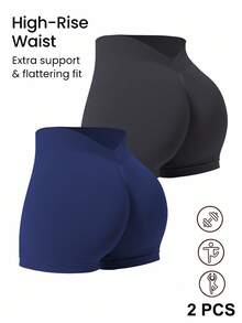 Easithlete 2PCS Women's Solid Color High Elasticity Fitness Casual Running Sports Shorts High Waisted Shorts Tummy Control