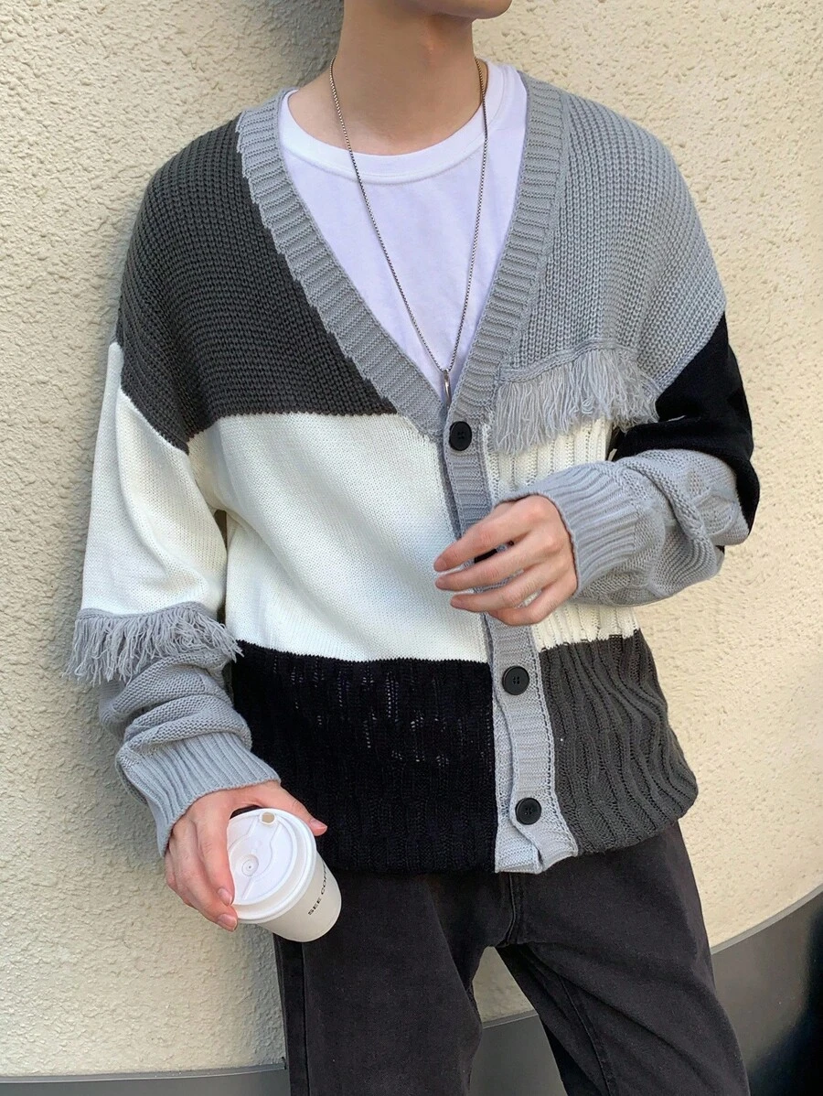 Manfinity Hypemode 男士休闲拼色流苏边开衫,秋冬男士磨边开衫男士拼布开衫 - 彩色 - 查看 1