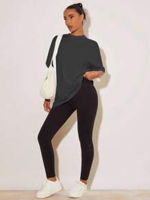 SHEIN BASICS Women's Casual Everyday Simple Solid Color Loose Fit Dropped Shoulder Stand Collar T-Shirt, Summer - Dark Grey - View 5
