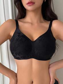 DAZY Lace Jacquard Adjustable Spaghetti Strap Lightly Padded Women Bra, Black - Black - View 8