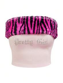 Y2Kool BiGraphic 毛绒斑马纹、动物纹、箔面、性感、酷炫、Y2K风休闲女式短款毛绒上衣，适合秋冬季、度假、夜店、聚会、派对、日常穿着。粉色猎豹纹、粉色针织衫、粉色抹胸、粉色豹纹、粉色Y2K风上衣、印花上衣，时尚服装系列，新年穿搭。 - 粉色 - 查看 3