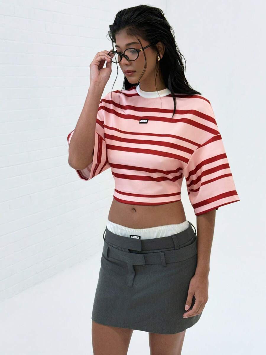 AiiRZ 超大号短款 T 恤条纹图案半袖立领宽松休闲夏季春季上衣现代街头服饰 - 粉色 - 查看 1