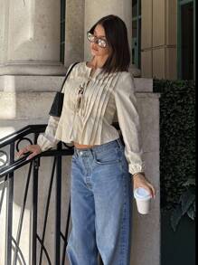 Siren Gaze 女士褶皱圆领系带长袖衬衫 - 杏色 - 查看 4