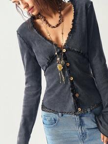 Bohemela 大码女式休闲水洗蕾丝边纽扣前襟衬衫 - 黑色 - 查看 4