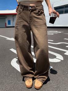 Livesso 女式复古做旧棕色口袋宽松休闲牛仔裤 - 咖啡棕 - 查看 3