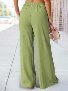 ReShift Plus Size Women Elastic Waist Casual Functional Textured Solid Wide Leg Pants - Green - View 2