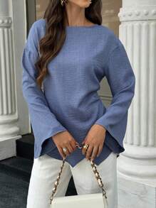 Selianne 女士休闲日常简约纯色落肩宽松喇叭袖褶裥腰部不对称下摆衬衫，春秋季女装 - 藍色 - 查看 3