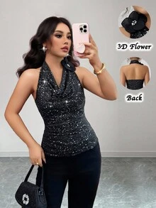 Elenzga Áo ba lỗ cổ khoét sâu màu đen thanh lịch gợi cảm dành cho nữ, không tay, họa tiết hoa 3D, mùa xuân/hè - màu đen - Xem 1