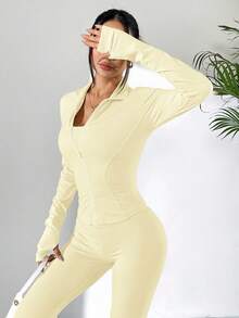 SHEIN EZwear 米色修身夹克、背心和紧身裤女士运动套装，秋季黄油黄色两件套 2 件套休闲套装女士 - 杏色 - 查看 3