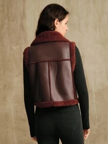 Anewsta Women's Red Short Lapel Sleeveless Fitted Faux Fur Vest Jacket, New Year & Christmas - Burgundy - View 7