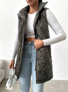 EURMUSE Zip Up Snap Button Hooded Vest Quilted Coat - Black - View 3