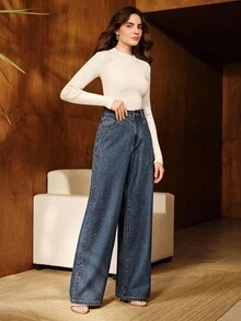 Anewsta 女士新款优雅水钻装饰蓝色直筒牛仔裤，适合情人节和妇女节穿着。 - 藍色 - 查看 5