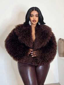 Maweii Plus Size Women Fluffy Curly Faux Fur French Elegant V-Neck Short Loose Burgundy Winter Jacket - Burgundy - View 4