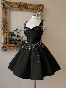 Lovelzi 优雅、奢华、高贵、宫廷风格的白色缎面露肩露肩甜心领口美人鱼轮廓连衣裙，带有珍珠装饰，喇叭形下摆，适合单身派对、婚礼、毕业典礼、度假、新娘送礼会 - 黑色 - 查看 5