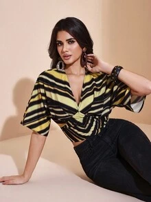 JIAN LASALA Striped Print V-Neck Batwing Sleeve Ruched Waist Women Top Autumn Casual Wear Fall For Women Going Out Party Top New Year Wedding Guest Luxury - Multicolor - View 7