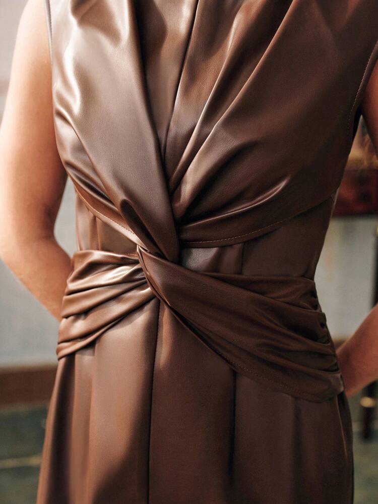Elegant Autumn/Winter Brown Round Neck Pleated Cross Front Fitted Waist Long Faux Leather Dress