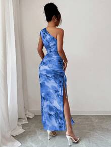 Rafferiza 女式优雅无袖花卉印花网眼高开衩连衣裙 - 霧霾藍 - 查看 2