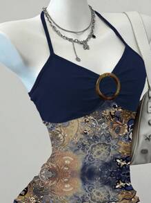 SHEIN EZwear Navy Blue Vintage Floral Pattern Women's Camisole Top, Suitable For Summer - Blue - View 4