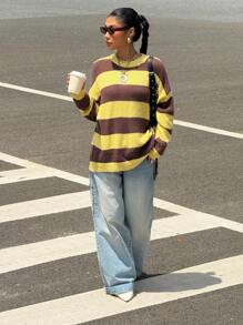 Muchica Fall Women Clothes Korean Style Women's Casual Loose Fit Drop Shoulder Pullover Sweater Brown And Yellow Striped Sweater