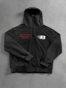 PAVTROS Manfinity Streetrush 男式简约印花长袖连帽衫，Y2k 拉链图案黑色连帽衫，2000 年代风格，秋季 - 黑色 - 查看 4