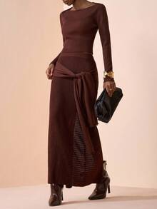 Zivah 2025 Summer New Music Festival, Easter, Mother's Day, Wedding Season, Wedding Attendance, Birthday Party, Daily Casual, Basic Versatile, Leisure, Cruise Travel, Beach, Sunbathing, Viral , Street Style, Elegant, Commute, Business, Pleated Ruffle Sleeveless Top And Pleated Skirt 2 Pieces Knit Brown Set For Women In Fall/Winter - Brown - View 1