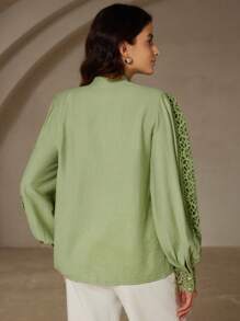 Aveloria Rosie Romantic French Style Lace Patchwork Women Blouse, V-Neck Lantern Sleeve Hollow Embroidered Long Sleeve Shirt Fall Cloth For Women