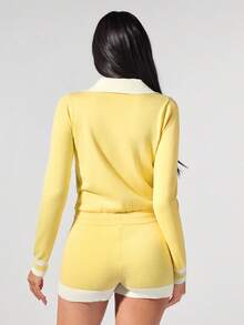 Menodora SHEIN Sport 秋冬女式撞色长袖 Polo 领休闲抽绳腰针织连体衣 - 黃色 - 查看 4