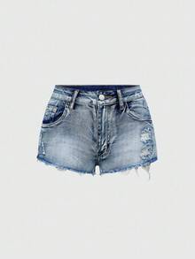ROMWE Grunge Punk Rhinestone Distressed Washed Super Short Denim Shorts - Blue - View 2
