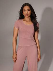 SHEIN 女式极简主义不对称开叉针织短袖上衣和阔腿裤家居服套装 - 藕粉色 - 查看 1