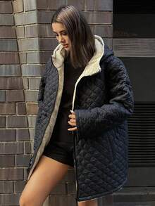 Livesso 女式束腰连帽绗缝拼布仿皮草衬里宽松夹棉外套冬季夹克 - 黑色 - 查看 1