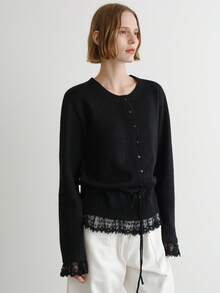 FRIFUL Women's Casual Lace Patchwork Drawstring Crew Neck Loose Hem Cardigan Black Lace Cardigan Lace Sleeve Cardigan Black Cardigan With Lace Black Lace Top Lace Trim Cardigan - Black - View 10