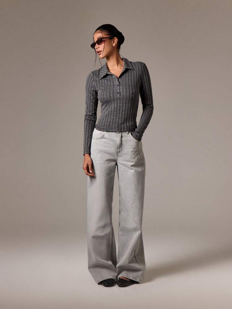 Pointelle Knit Henley Top With Collared Neckline