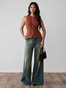 Islaluna Chaleco de punto acanalado con botones para mujer, informal - Café integral - Ver 3