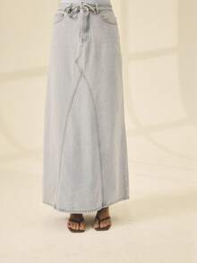 Aralina تنورة ماكسي جينز بخصر متوسط مع ربطة حزام، تصميم خط A مريح وخفيف، مناسبة للخريف والشتاء والربيع والعطلات والمكتب للنساء