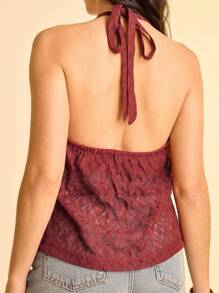 SHEIN Unity Women's Lace Loose Halter Neck Blouse- Lace Tops For Women - Brown - View 2