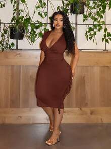 Slaydiva 大码派对优雅纯色修身深V领流苏短袖中长黄色连衣裙，女士款E黑色派对连衣裙，黑色中长连衣裙，女士假日连衣裙，黑色优雅连衣裙 - 棕色 - 查看 3