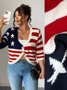 Elenzga Plus Size Fashionable Versatile Short Casual Striped Cardigan American Flag Top Patriotic Top 4th Of July Top Red White And Blue Top American Flag Cardigan Winter Fall Autumn - Multicolor - View 1