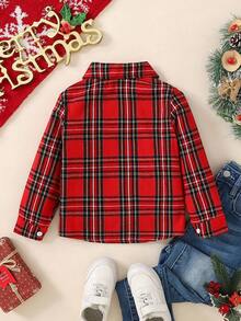 SHEIN 1 Stück Kariertes Hemd im britischen Stil für Kleine Jungen - klassisches Mehrfarbkariert + marineblauer Schleifen, geeignet für Partys und den Alltag, Frühling/Herbst