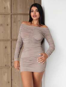 EURMUSE Women's Autumn Simple Ruched One-Shoulder Bodycon Dress - Beige - View 7