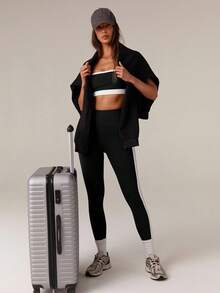 Athîral Bộ áo ngực thể thao và quần legging họa tiết chữ vá mùa hè cho nữ - Đen và trắng - Xem 5